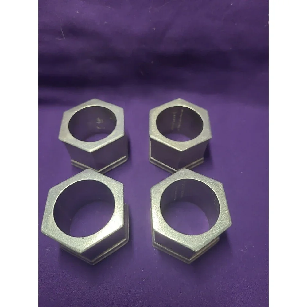 Vintage Wilton Armetale Columbia Pewter Hexagon Napkin Rings Set of 4 USA 1972
